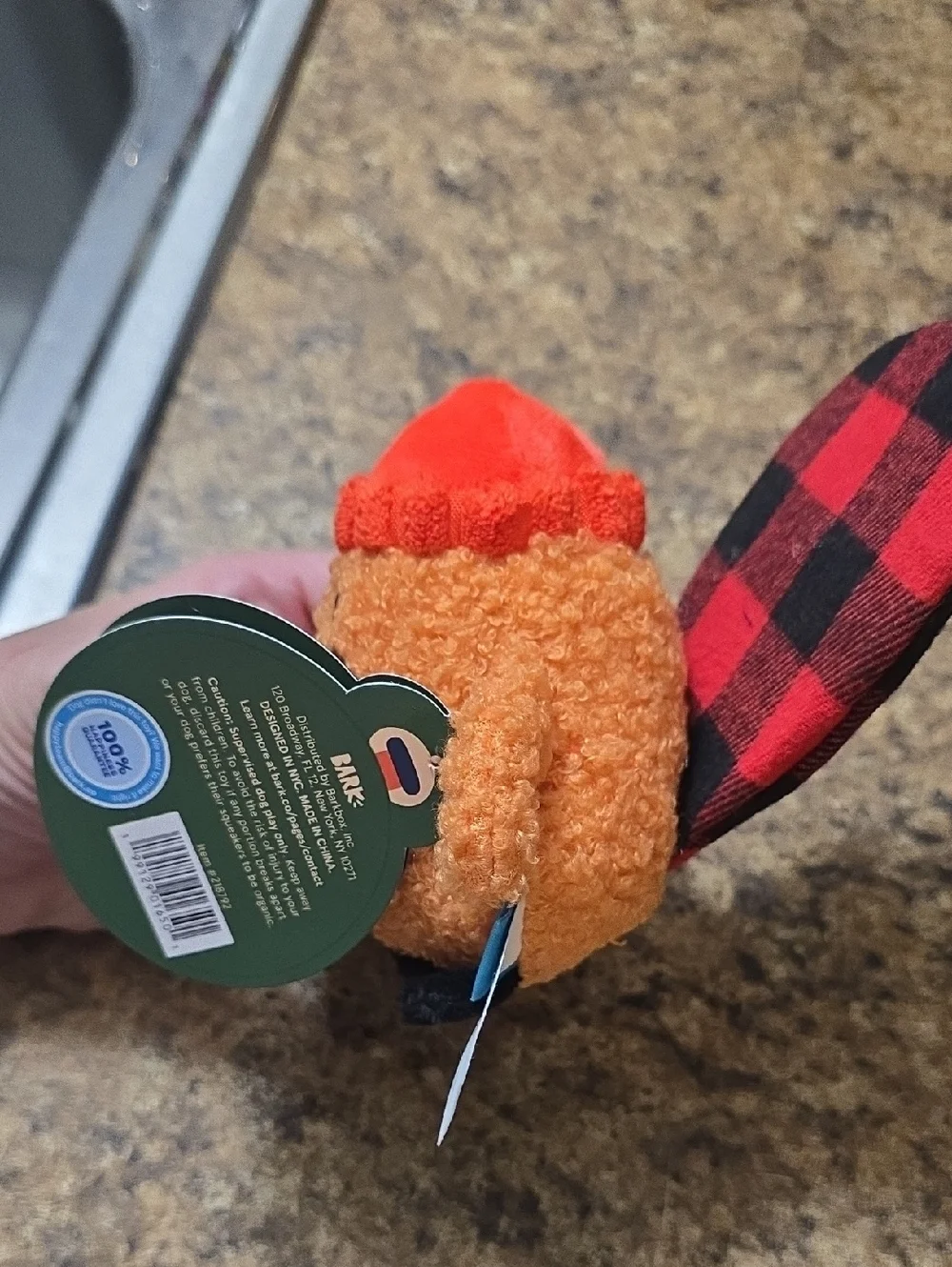 BARK Another Dam Hipster Dog Toy Orange with Plaid‎ Accent NWT Size Small